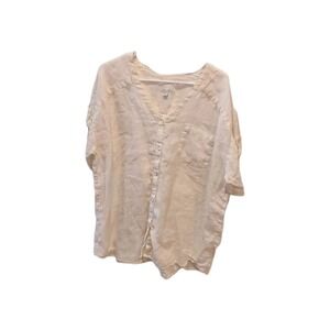 J. Jill Love Linen 100% Top Women L Button Down V Neck Blouse Cap Roll Tab Sleev